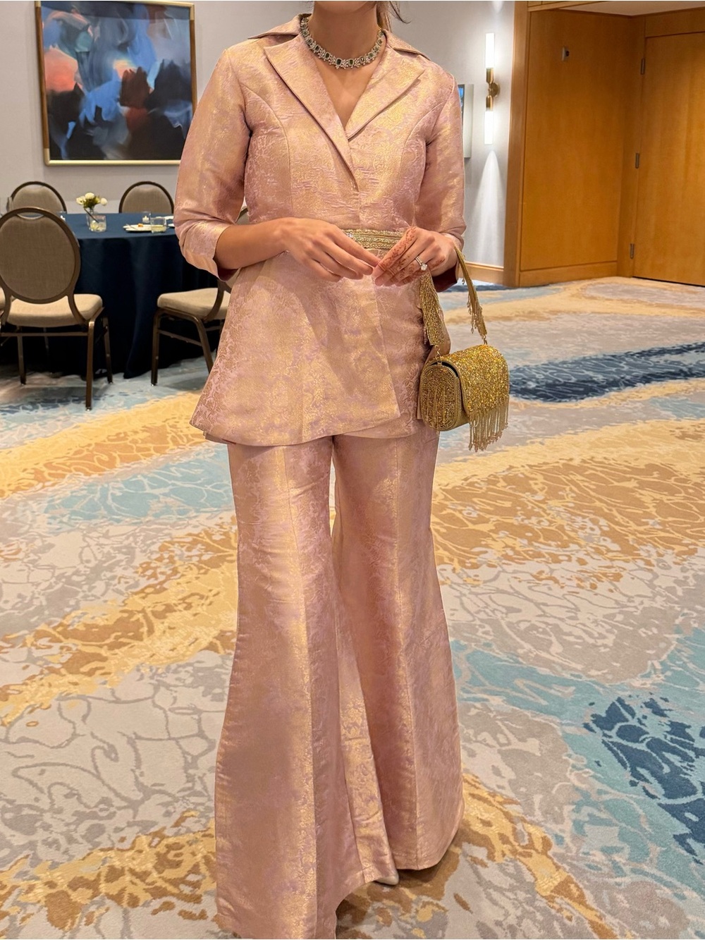 Elegant Pink Jacquard Two-Piece Jumpsuit Set